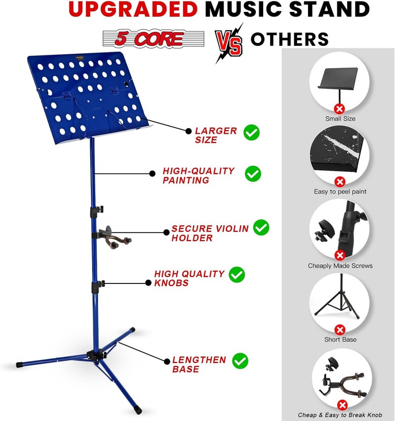 5 Core 5Core Music Stand for Sheet Music Tripod Height Adjustable Portable Folding Note Holder Atril para Partituras w Light Clip - MUS FLD HD Acc BLU - Image 4